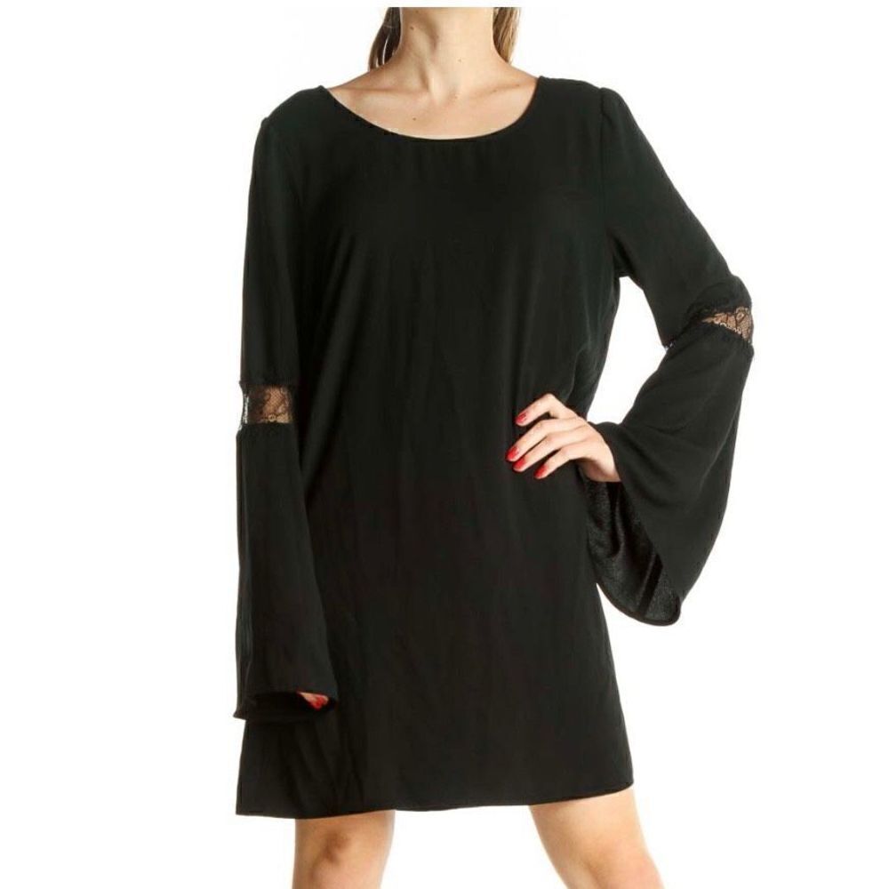 Leith Day Shift Dress with Bell Sleeves Black Lace Insert Size M
